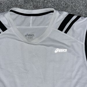 White ASICS Motion Dry Running marathon singlet tank sleeveless work out t shirt